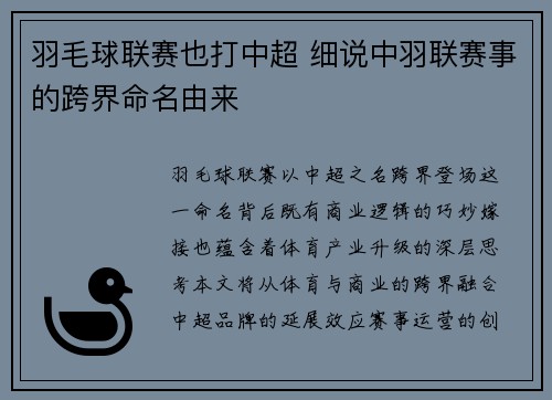 羽毛球联赛也打中超 细说中羽联赛事的跨界命名由来
